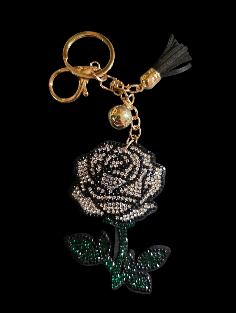 Black Rose Crystal Bag Charm Keychain with Gold Hardware